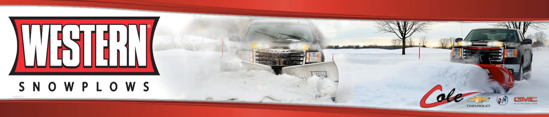 Western Snowplows logo on the left and two pickup trucks plowing through deep snow