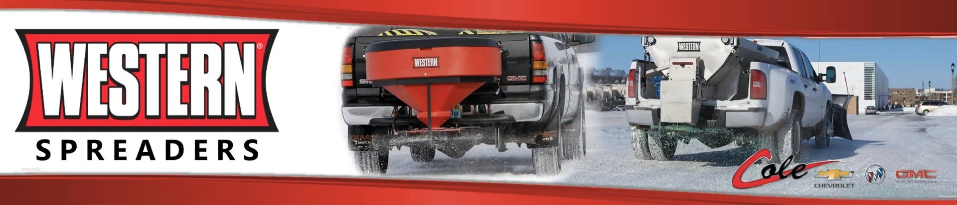 Western Spreaders logo on the left and two pickup trucks on snowy roads