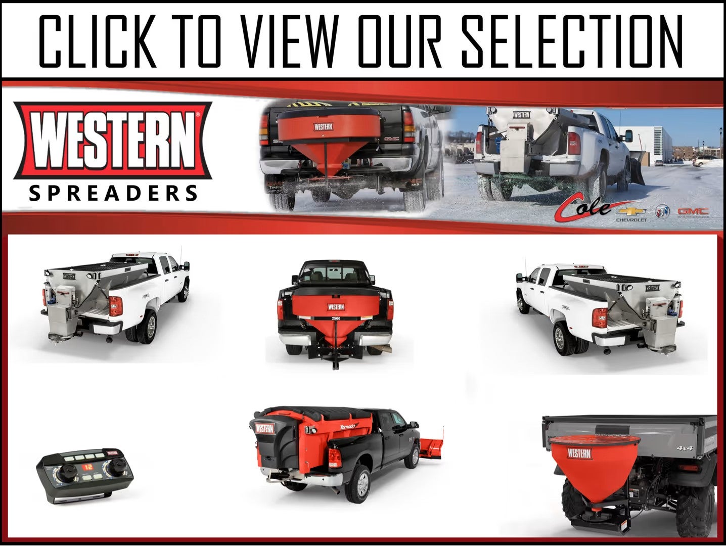 A promotional graphic showcasing Western truck-mounted spreaders